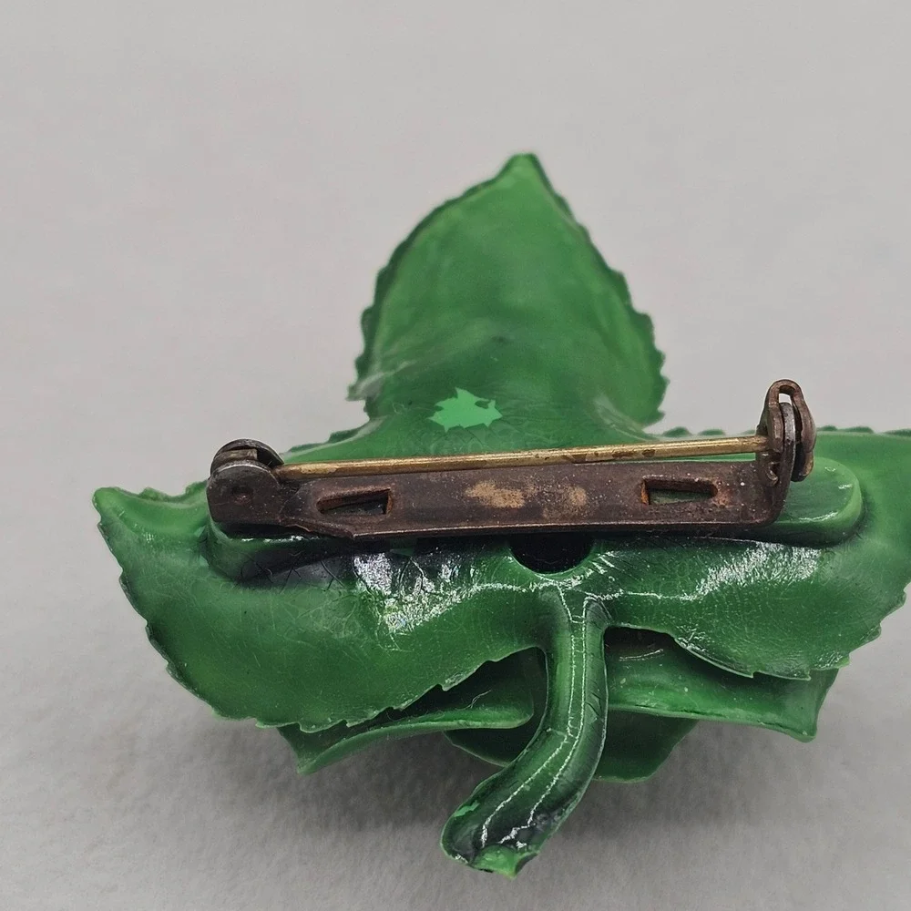 Vintage Green Rose Brooch Floral Leaf Kitschy Mid Century Retro 2 inch Pin
